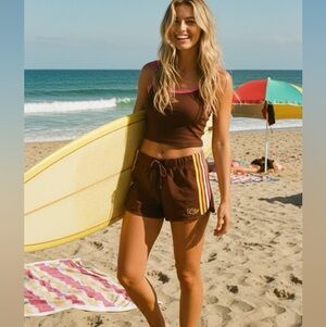 Lilu Retro Brown Striped Athletic Board Shorts Women’s Size 9 Boho Beach Summer